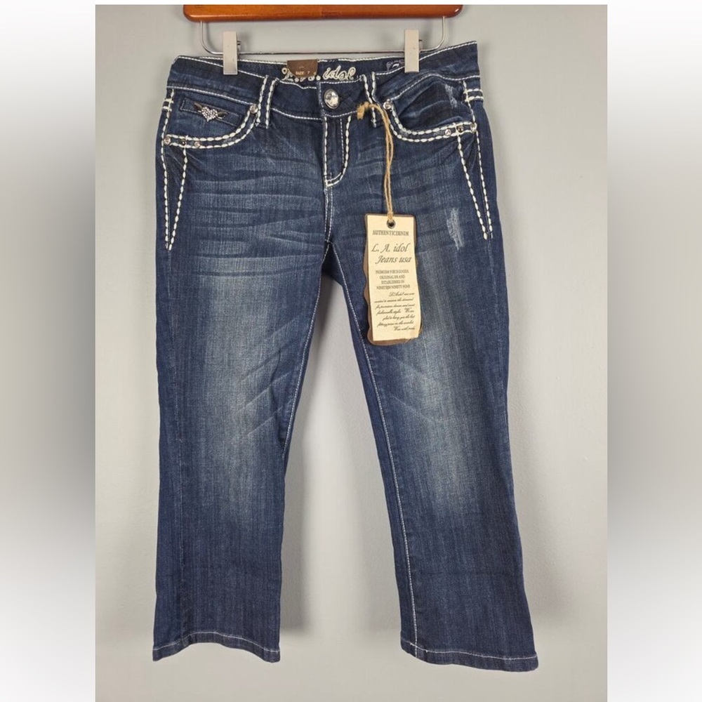 L.A. Idol Capri Junior sz7 Dark Wash Thick Stitch Rhinestones Low Rise BNWT